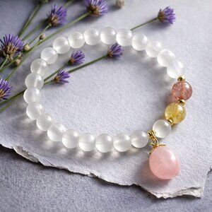 Natural Opal Beaded Dainty Stretchy Bracelet Pink Peach Charm Boho Chic